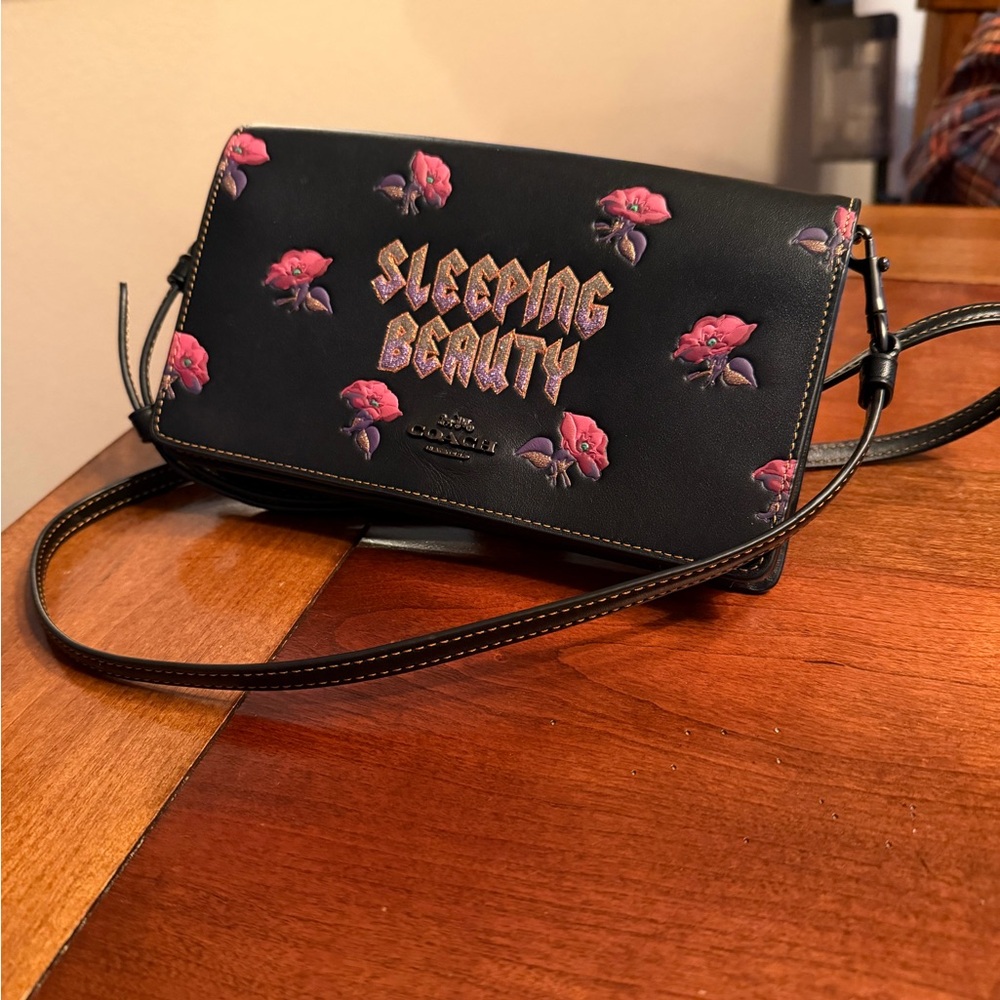 Coach Disney Sleeping Beauty Xbody Purse Black Leather Crossbody Clutch Foldover